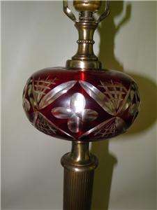 ANTIQUE BOHEMIAN CUT TO CLEAR RUBY CASED GLASS AND BRASS BANQUET LAMP 