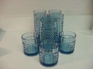   HOCKING CRYSTAL BLUE LAUREL CUT TUMBLERS + DOUBLE OLD FASHIONEDS