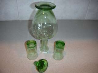 ART DECO GREEN VASELINE GLASS DECANTER & SHOT GLASSES  