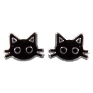 Tomas Sterling Silver Enamel Stud Earrings   Black Cat with Whiskers