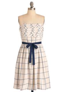   / Gingham, Pleats, Pockets, Strapless, Blue, White, Mid length