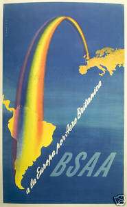   Linen backed 1948 BSAA Airline Travel Poster, South America, Europe