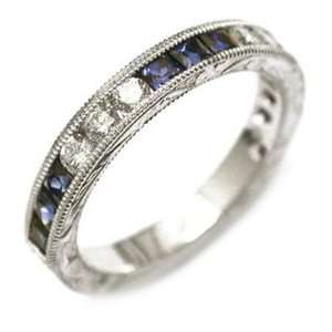  Platinum Sapphire & Diamond Hand Engraved Half Circle Ring 