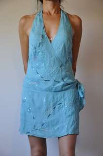 BCBG MAX AZRIA SEQUIN HALTER SILK DRESS BLUE 8 NWT $345  