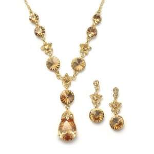  Champagne Cubic Zirconia Pear Drop Gold Necklace Earring 