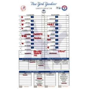  Yankees at Rangers 8 07 2008 Game Used Lineup Card (MLB 