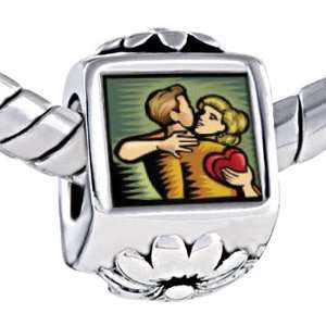 Embracing Lovers Against Flower Silver Beads Fits Pandora Charm 