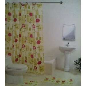   Set Rose Print Bathroom Rug Shower Curtain Mat / Rings