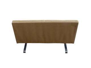   settee upholstered in camel fabric a mixture of brown orange and pale