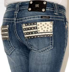 Womens Miss Me American Flag Leather Pocket Boot Cut Jeans 25 26 27 28 