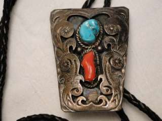Vintage HMIJ Signed Bennett Sterling Turquoise & Coral Bolo Tie  