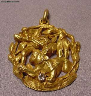 Antique 18k Art Nouveau Hunter Lion Diamond Pendant 27G  