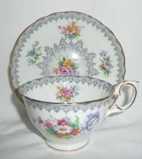 Gray floral Crown Staffordshire teacup and saucer  