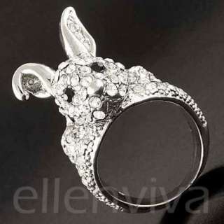 Deluxe 1.4in Bunny Rabbit Rhinestone Ring Jewelry Size 7  Silver Tone 