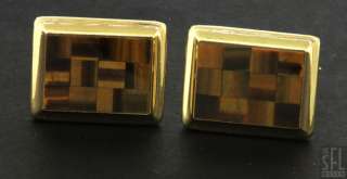 VINTAGE 14K YELLOW GOLD CHECKERBOARD TIGERS EYE CUFF LINKS  