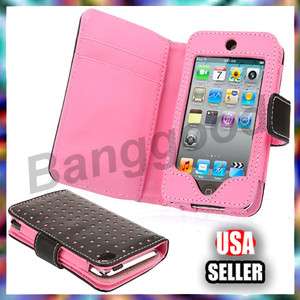Pink Dot Wallet Leather Card Holder Flip Case Cover Pouch For iPod 