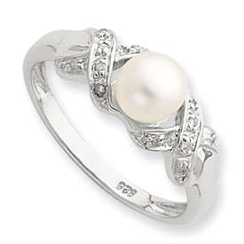 Sterling Silver Genuine Freshwater Pearl & Diamond Ring  