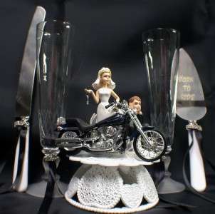 HARLEY Davidson Motorcycle Wedding cake topper Lot Glasses Knife 