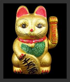 Winkekatze Maneki Neko aus Keramik in Gold 17cm NEUWARE  