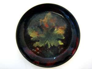 Signed Small Round Vintage Copper Enamel Tray Leaf  