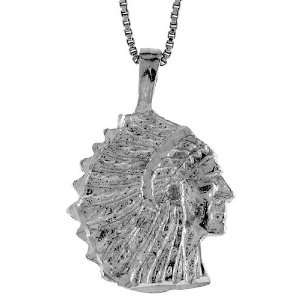  Sterling Silver 7/8 in. (22mm) Tall Indian Chief Pendant Jewelry