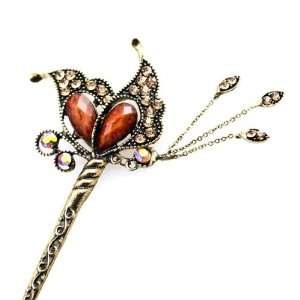 Czech Rhinestone Antique Brass Hair Stick Butterfly with Tassels Topaz