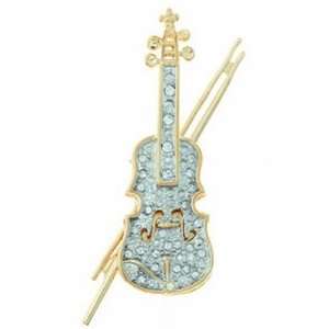    Brooch   Gold Tone w/ Rhinestone Violin w/ Bow Musical Instruments