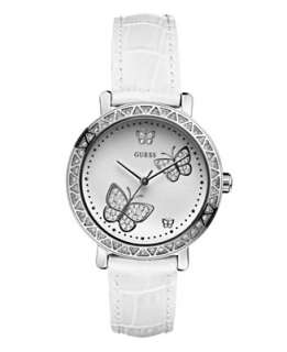 GUESS Watch, Womens White Leather Strap G75990L   Jewelry & Watches 
