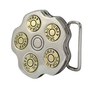 Spinning Silver Revolver Cylinder Bullet Belt Buckle Firearm Gun 44MAG 