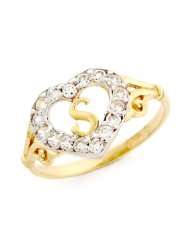 10k Gold Heart Shape Letter S Initial CZ Ring Jewelry