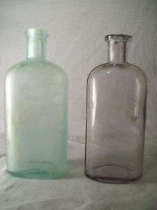 Antique Flask Bottle x2 Green & Amethyst Color Bottles  
