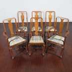Antique English Solid Oak Queen Anne Dining Chairs Set (6) c1950 p06b 