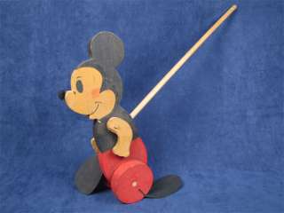 Vintage Mickey Mouse Folk Art Wheeled Wooden Push Toy  