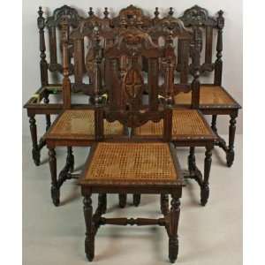  Antique French Set 6 Carved Oak Hunting Dining Chairs 