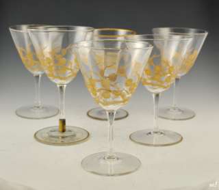 Vintage Gilded Etched Wine Glasses Flower Design  
