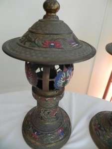 Antique Bronze Champleve Enamel Japan Garden Lanterns Lamp Meiji Vtg 