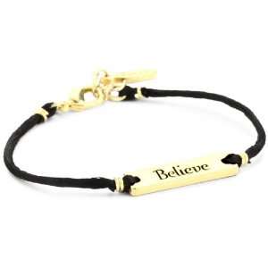   Gold Colored Believe Baby Statement Plate Black Satin Cord Bracelet