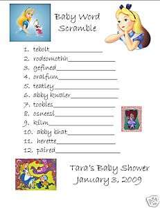 12 Alice in Wonderland Word Scramble Baby Shower Games  