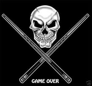 GAME OVER POOL BALL PLAY TABLE SKULL CUE STICKS T SHIRT  