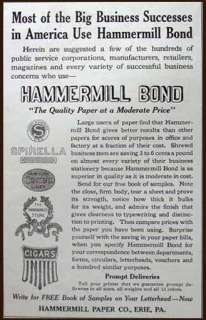 This is an original 1912 print ad for HAMMERMILL BOND PAPER. The 