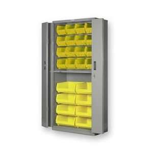 Bifold Door Bin Cabinet   36W X 24D X 78H Gray With Yellow Bins