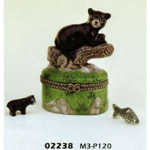 Porcelain Hinged Boxes Grizzly Bear/ Black Bear Cub on Tree Branch 