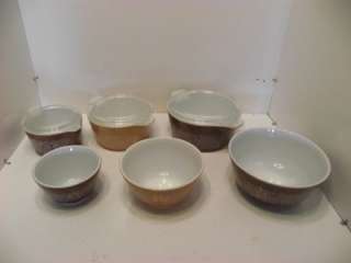   Woodland Pyrex 3 nesting bowls, 3 nesting casseroles w/lids  