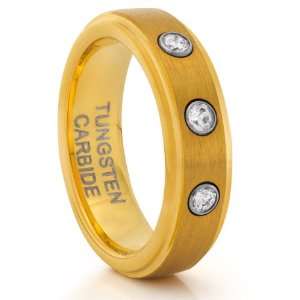  6MM Tungsten Carbide Brushed Gold Diamond CZ Wedding Band Ring 