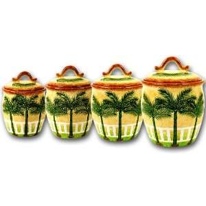  Ceramic Palm Tree Table Top Canisters Set of 4 Piece Canisters 