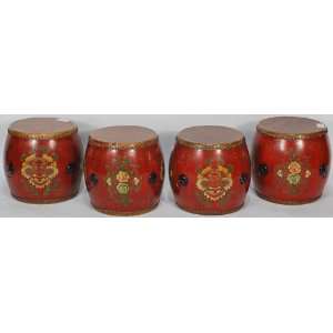 Kettle Drum Stools, Hand Painted in Tibetan Style, Contemporary, China 