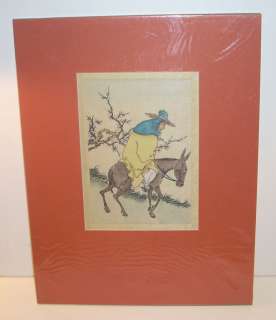   Chinese Hand Tinted Linen Wood Block Print Man on Donkey  