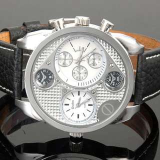 White 50MM JUMBO Mens Watches Dual Time Leather Strap  