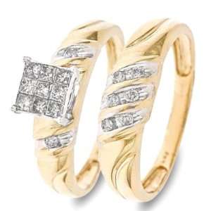 , Princess Cut Diamond Wedding Band Set 10K Yellow Gold   Two Rings 