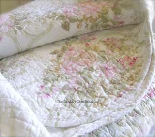White Cotton King Quilt Set Shabby Petal Pink Roses Old English Scroll 